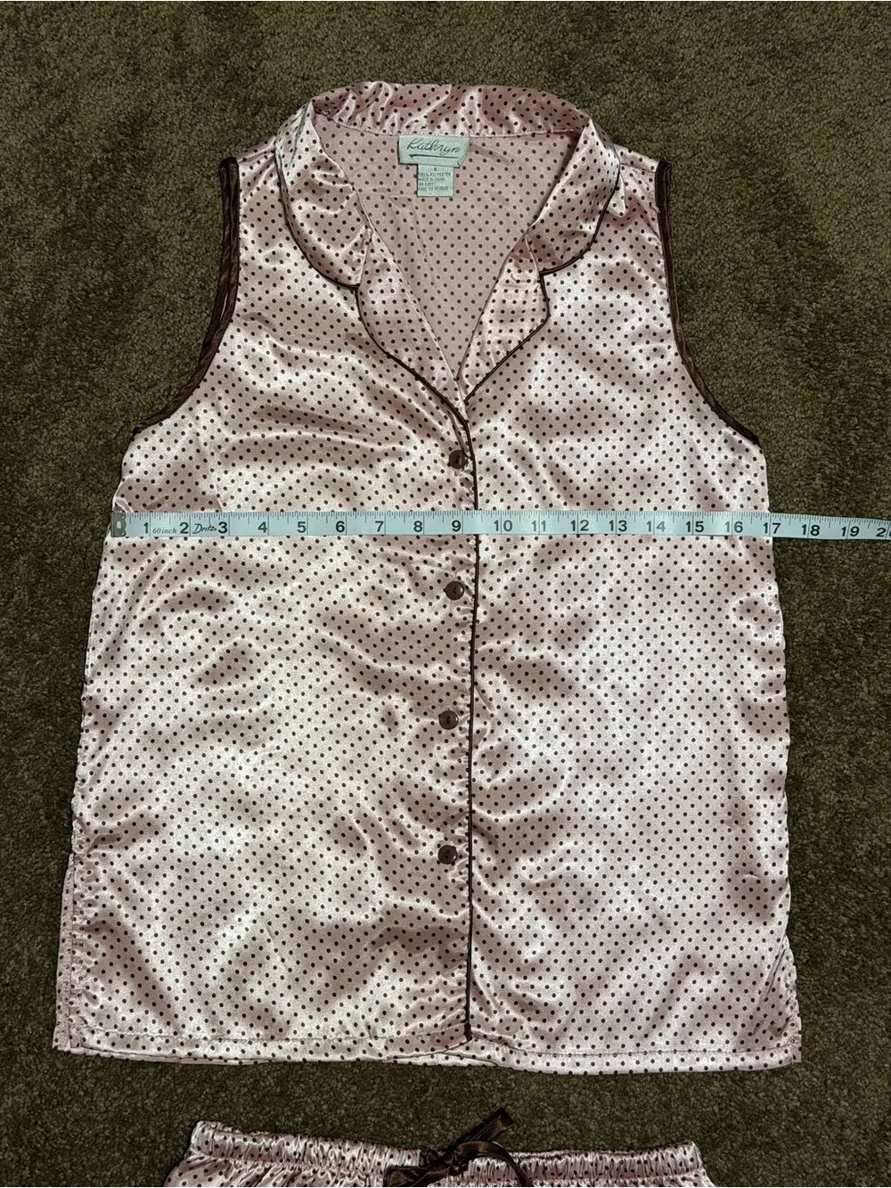 Sleeveless Pink Polka Dot Satin Pajama Set with Brown Trim